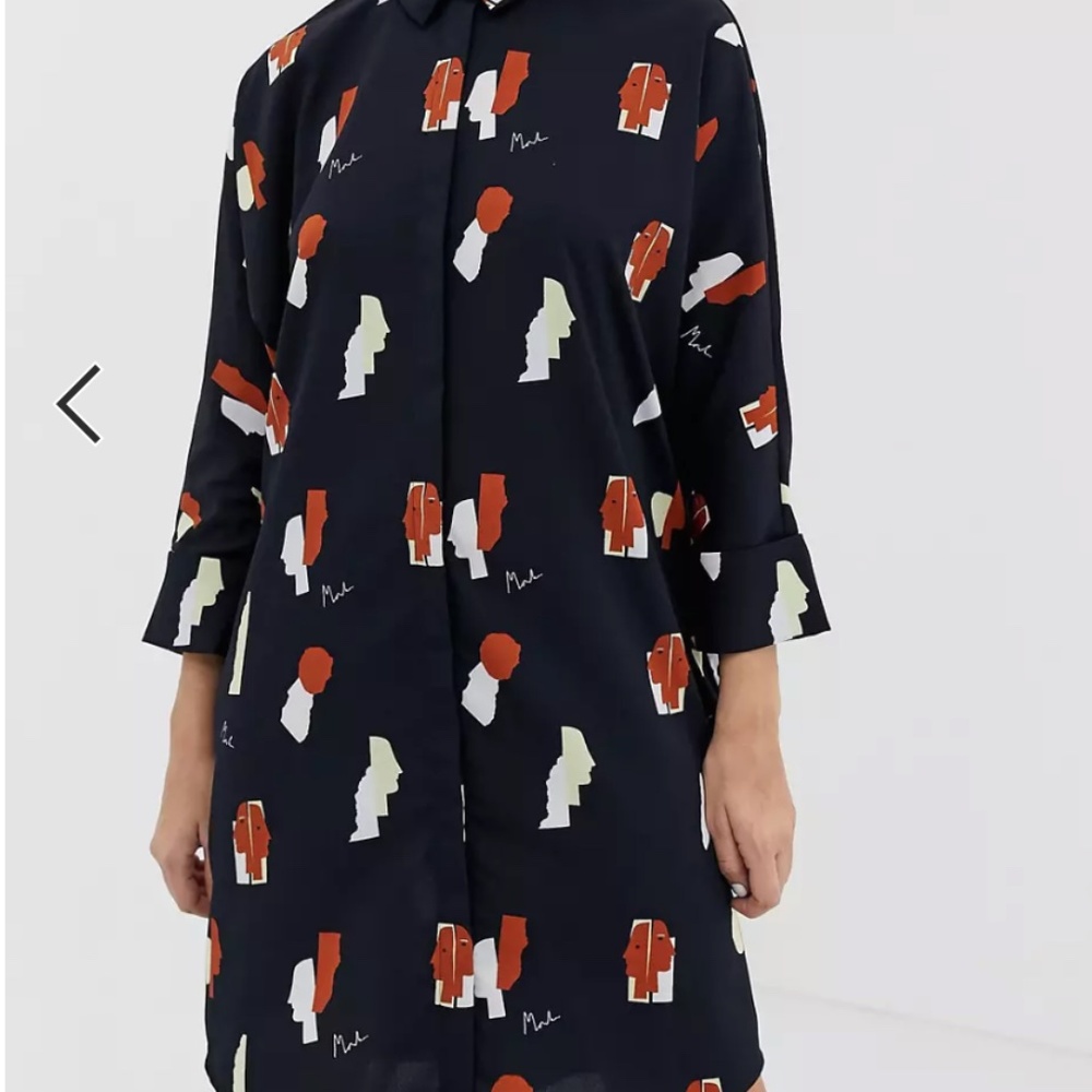 Monki Oversized Collar Button Up Shirtdress with Faces in Navy Size XS - Picture 7 of 9